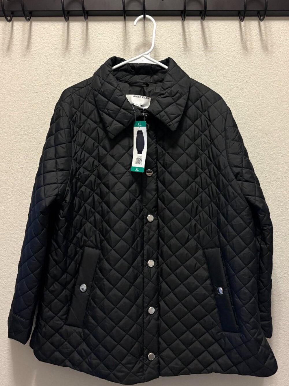NEW Women's Anne Klein Quilted Puffer Button Up Jacket - Black - Size XL